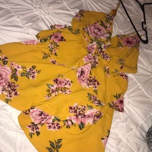 Open back yellow floral wrap dress mustard